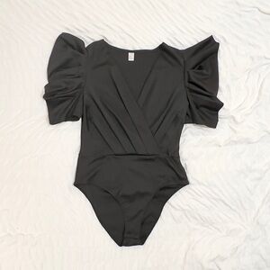 Black Puff-Sleeve Wrap BodySuit Feminine Statement Top | Small